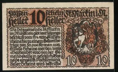 Notgeld St. Martin im Mühlkreis 1920, 10 Heller, Burglandschaft und Ritter mit Wappen