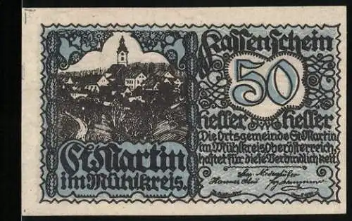 Notgeld St. Martin 1920, 50 Heller, Dorfszene und Wappen mit Reiter