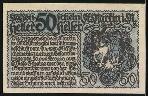 Notgeld St. Martin 1920, 50 Heller, Dorfszene und Wappen mit Reiter