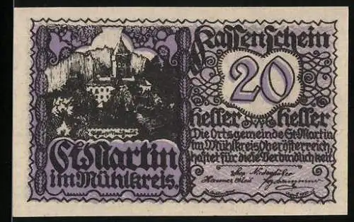 Notgeld St. Martin im Mühlkreis 1920, 20 Heller, Burgansicht und Reiter mit Schwert