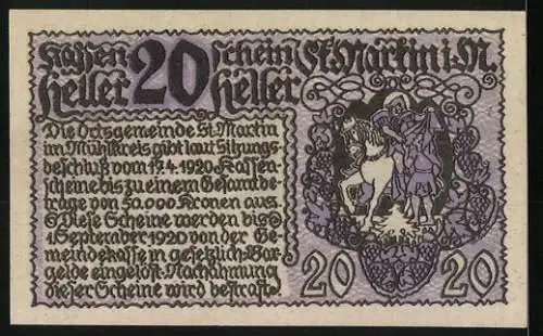 Notgeld St. Martin im Mühlkreis 1920, 20 Heller, Burgansicht und Reiter mit Schwert