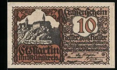 Notgeld St. Martin im Mühlkreis 1920, 10 Heller, Burgansicht und Ritterwappen