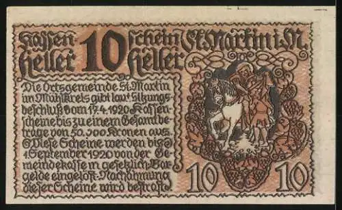 Notgeld St. Martin im Mühlkreis 1920, 10 Heller, Burgansicht und Ritterwappen