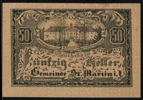 Notgeld St. Martin 1920, 50 Heller, Schlossansicht und dekorative Schriftzüge