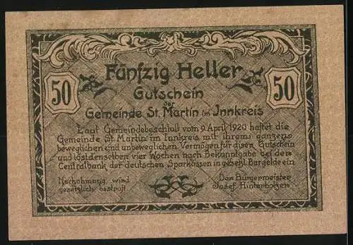Notgeld St. Martin 1920, 50 Heller, Schlossansicht und dekorative Schriftzüge