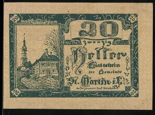 Notgeld St. Martin 1920, 20 Heller, Dorfszene mit Kirche und Gebäude, grüne Verzierung, Text über Gemeindehaftung