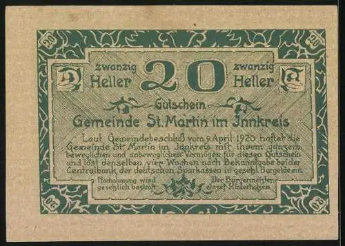 Notgeld St. Martin 1920, 20 Heller, Dorfszene mit Kirche und Gebäude, grüne Verzierung, Text über Gemeindehaftung