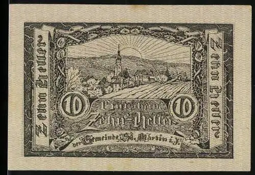 Notgeld St. Martin im Innkreis, 10 Heller, Dorfansicht mit Kirche und Sonnenstrahlen