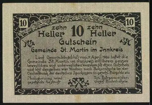 Notgeld St. Martin im Innkreis, 10 Heller, Dorfansicht mit Kirche und Sonnenstrahlen