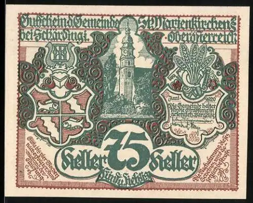 Notgeld Mauthausen 1920, 75 Heller, Kirchturm und Getreidefeld, Wappen