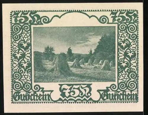 Notgeld Mauthausen 1920, 75 Heller, Kirchturm und Getreidefeld, Wappen