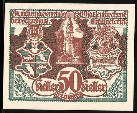 Notgeld St. Marienkirchen bei Schärding 1920, 50 Heller, Kirche, Wappen, Getreide, Pferde mit Fohlen