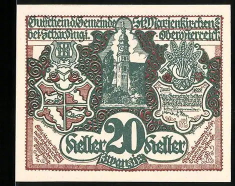 Notgeld St. Marienkirchen 1920, 20 Heller, Kirche, Wappen, Getreide und Erntearbeiter im Feld