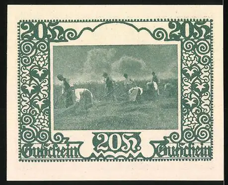 Notgeld St. Marienkirchen 1920, 20 Heller, Kirche, Wappen, Getreide und Erntearbeiter im Feld