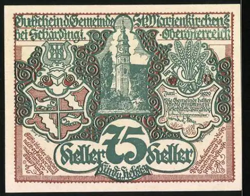 Notgeld St. Marienkirchen 1920, 75 Heller, Landschaft mit Heuschobern und Kirchturm, Wappen und Getreidebündel