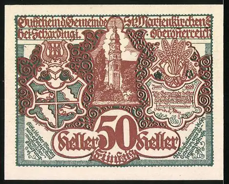 Notgeld St. Marienkirchen bei Schärding, 50 Heller, Pferde mit Fohlen und Kirchturm, Wappen und Getreidebündel