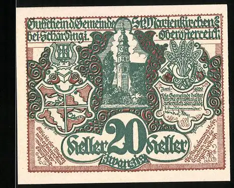 Notgeld St. Marienkirchen im Mühlkreis 1920, 20 Heller, Kirchturm und Erntearbeiter, Wappen und Getreidebündel