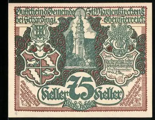 Notgeld St. Marienkirchen bei Schärding, 75 Heller, Kirchturm und Kornfeld, Wappen und Getreidebündel, Oberösterreich