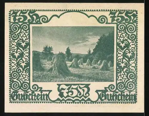 Notgeld St. Marienkirchen bei Schärding, 75 Heller, Kirchturm und Kornfeld, Wappen und Getreidebündel, Oberösterreich