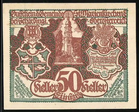 Notgeld St. Marienkirchen bei Schärding 1920, 50 Heller, Kirche und Pferde mit Fohlen, Wappen und Getreidebündel