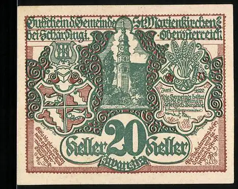 Notgeld St. Marienkirchen bei Schärding 1920, 20 Heller, Kirche und Wappen, Ernteszene