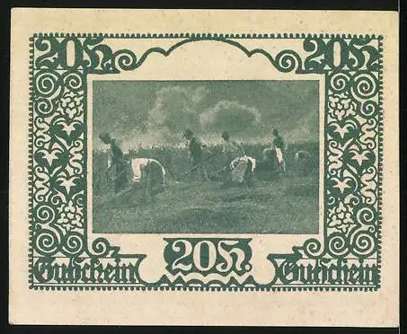 Notgeld St. Marienkirchen bei Schärding 1920, 20 Heller, Kirche und Wappen, Ernteszene