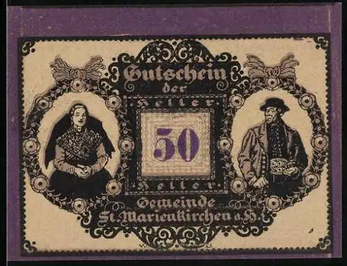 Notgeld St. Marienkirchen 1920, 50 Heller, Trachtenträger und Kirche, Gemeinde-Gutschein