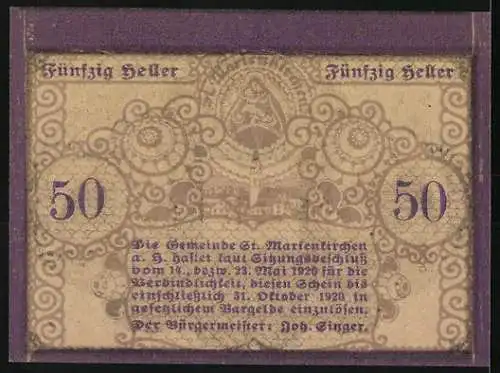 Notgeld St. Marienkirchen 1920, 50 Heller, Trachtenträger und Kirche, Gemeinde-Gutschein