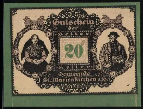 Notgeld St. Marienkirchen, 20 Heller, Paar in Tracht und dekoratives Muster mit Text