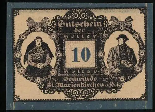 Notgeld St. Marienkirchen 1920, 10 Heller, Porträts eines Mannes und einer Frau, florales Muster