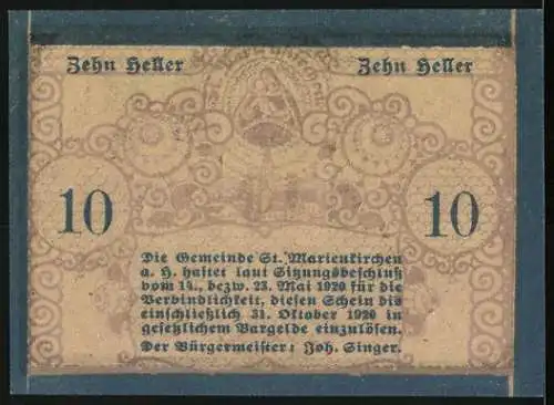 Notgeld St. Marienkirchen 1920, 10 Heller, Porträts eines Mannes und einer Frau, florales Muster