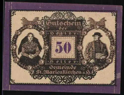 Notgeld St. Marienkirchen 1920, 50 Heller, traditionelle Trachten, violetter Rahmen