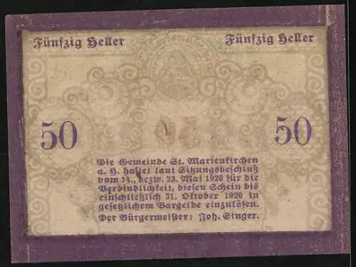 Notgeld St. Marienkirchen 1920, 50 Heller, traditionelle Trachten, violetter Rahmen