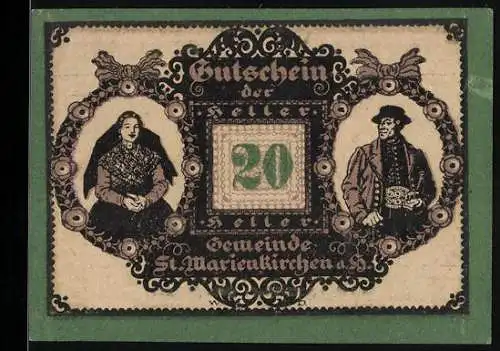 Notgeld St. Marienkirchen, 20 Heller, Trachtenpaar und florales Ornamentmuster