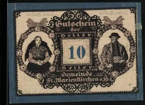 Notgeld St. Marienkirchen 1920, 10 Heller, Trachtenpaar, detailliertes Ornamentdesign