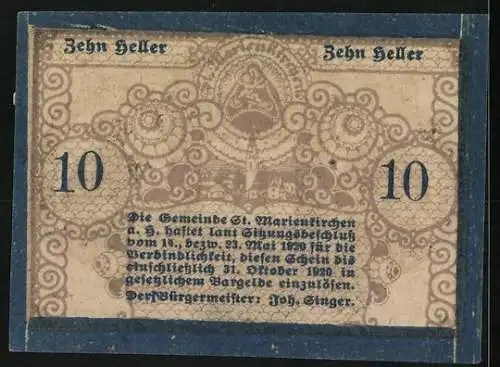 Notgeld St. Marienkirchen 1920, 10 Heller, Trachtenpaar, detailliertes Ornamentdesign