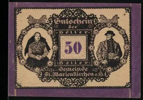 Notgeld St. Marienkirchen, 50 Heller, Trachtenpaar und dekoratives Muster