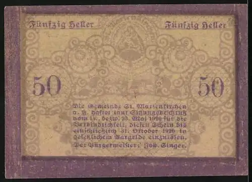 Notgeld St. Marienkirchen, 50 Heller, Trachtenpaar und dekoratives Muster