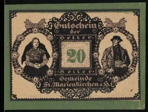 Notgeld St. Marienkirchen 1920, 20 Heller, Porträts von Mann und Frau in Tracht, dekoratives Muster und Text