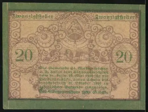 Notgeld St. Marienkirchen 1920, 20 Heller, Porträts von Mann und Frau in Tracht, dekoratives Muster und Text