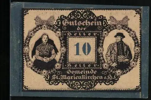 Notgeld St. Marienkirchen 1920, 10 Heller, traditionelle Kleidung und Schriftmotiv