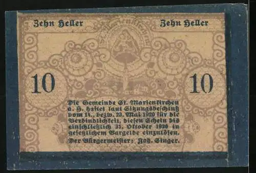 Notgeld St. Marienkirchen 1920, 10 Heller, traditionelle Kleidung und Schriftmotiv