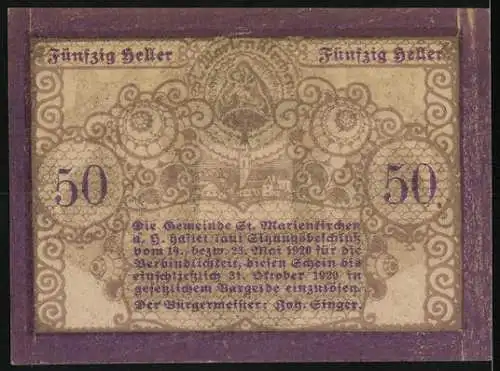 Notgeld St. Marienkirchen 1920, 50 Heller, Trachtenpaar und dekoratives Muster mit Text