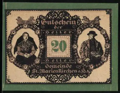 Notgeld St. Marienkirchen 1920, 20 Heller, traditionelles Paar, dekorative Verzierungen, Textpassage