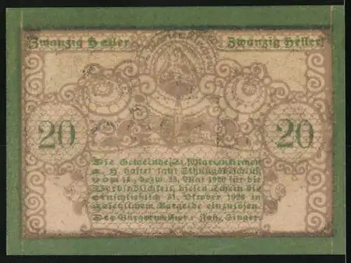 Notgeld St. Marienkirchen 1920, 20 Heller, traditionelles Paar, dekorative Verzierungen, Textpassage