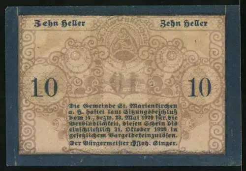 Notgeld St. Marienkirchen 1920, 10 Heller, Trachtenpaar-Motiv, Gutschein der Gemeinde