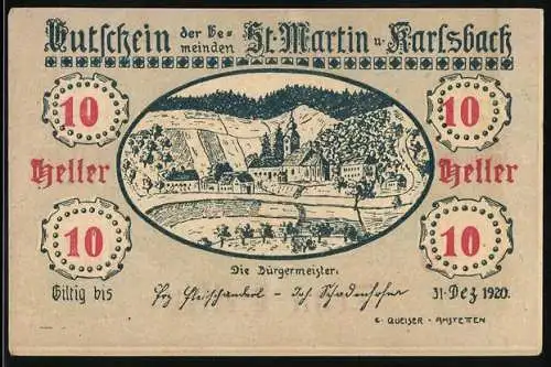 Notgeld St. Martin und Karlsbach 1920, 10 Heller, Landschaftspanorama mit Dörfern und Wäldern