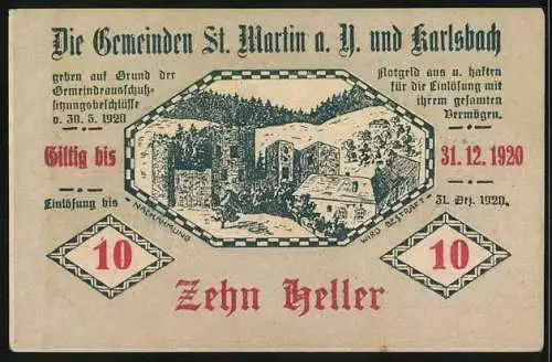 Notgeld St. Martin und Karlsbach 1920, 10 Heller, Landschaftspanorama mit Dörfern und Wäldern