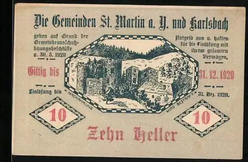 Notgeld St. Martin und Karlsbach 1920, 10 Heller, Landschaftsmotive mit Gebäuden und Flusstal, gültig bis 31.12.1920