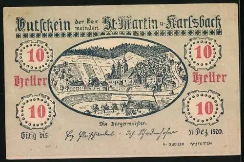 Notgeld St. Martin und Karlsbach 1920, 10 Heller, Landschaftsmotive mit Gebäuden und Flusstal, gültig bis 31.12.1920